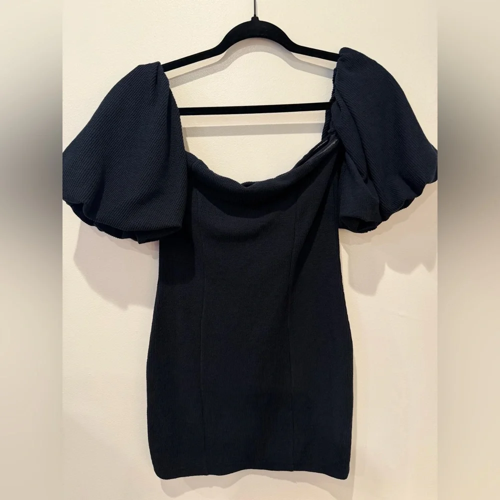 Free People FP Beach Bubbly Puff Sleeve Off Shoulder Ribbed Mini Dress Black S